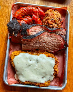 Fox Bros. Bar-B-Q signature dishes Beef Brisket Plate
St Louis Style Rib
Fox Bros. "Burger"